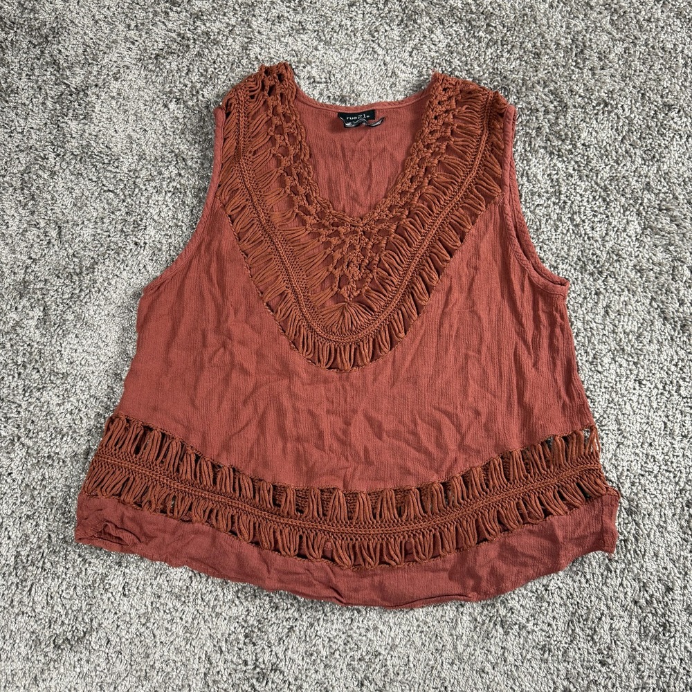 VTG Y2K Rue 21 Tank Top Womens S Boho Fringe Crochet Trim Festival Cottagecore